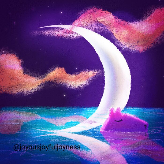 Relaxed capybara floating under a crescent moon in a colorful night sky, creating a soothing scene.