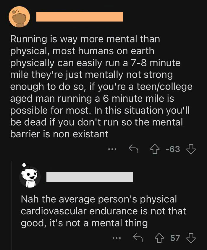 Text exchange showing overly confident incorrect statement about running, with a rebuttal pointing out physical limitations.