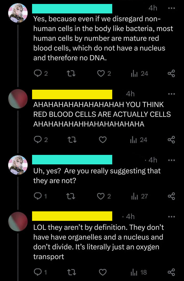 Online debate highlighting overly-confident-incorrect-people discussing red blood cells.