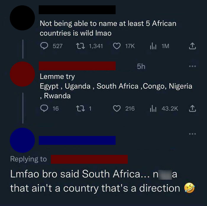 Social media exchange showcasing overly confident, incorrect people discussing African countries.