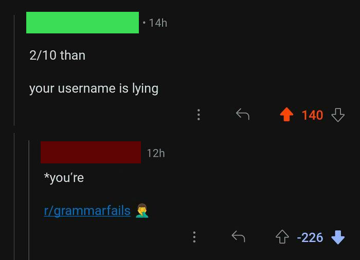 Reddit comment exchange highlighting overly confident incorrect grammar use.
