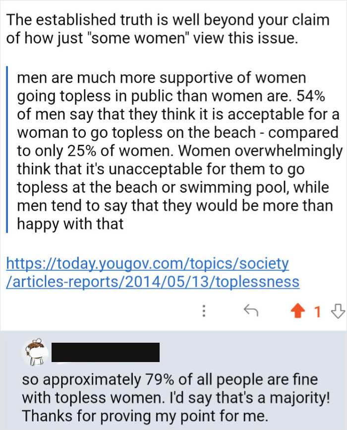 Screenshot of a discussion showing an erroneous math claim about topless beach survey results.