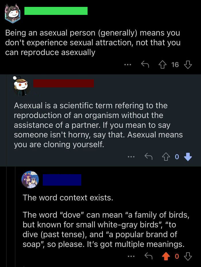 Screenshot of a Reddit conversation featuring overly confident yet incorrect comments about the definition of asexual.