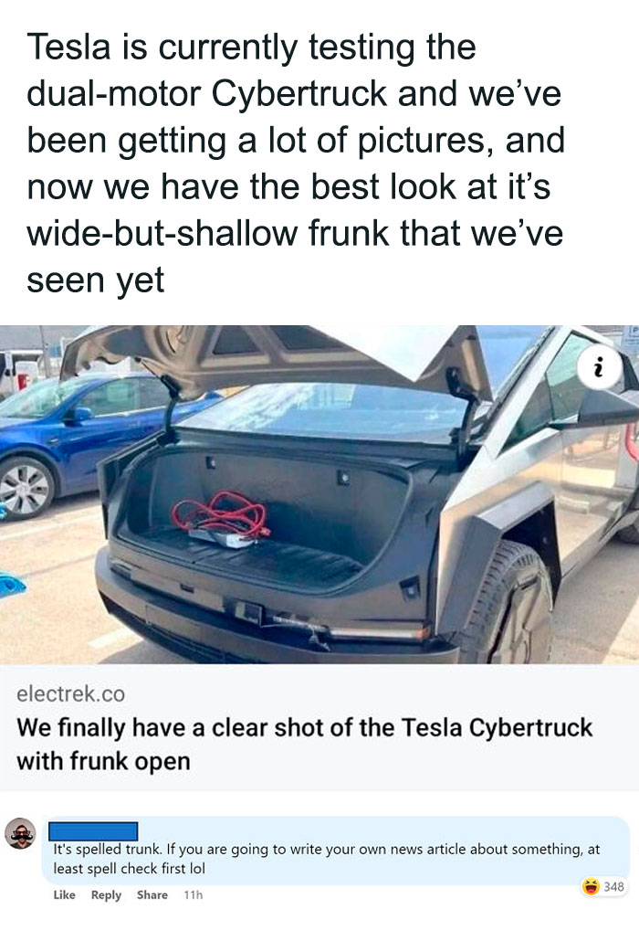 Tesla Cybertruck with open frunk, humorous correction highlights overly confident incorrect people.