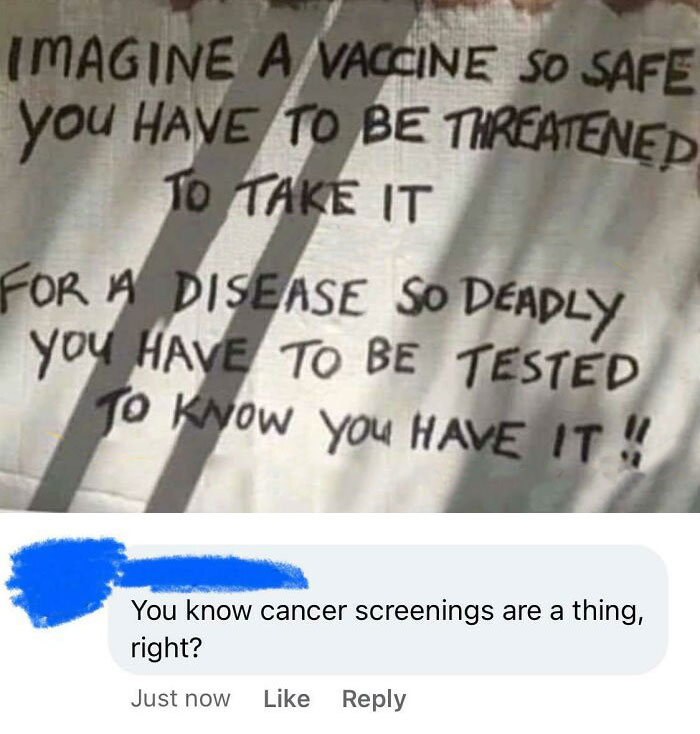 Text questioning vaccine safety with a sarcastic reply about cancer screenings, illustrating overly-confident incorrect people.