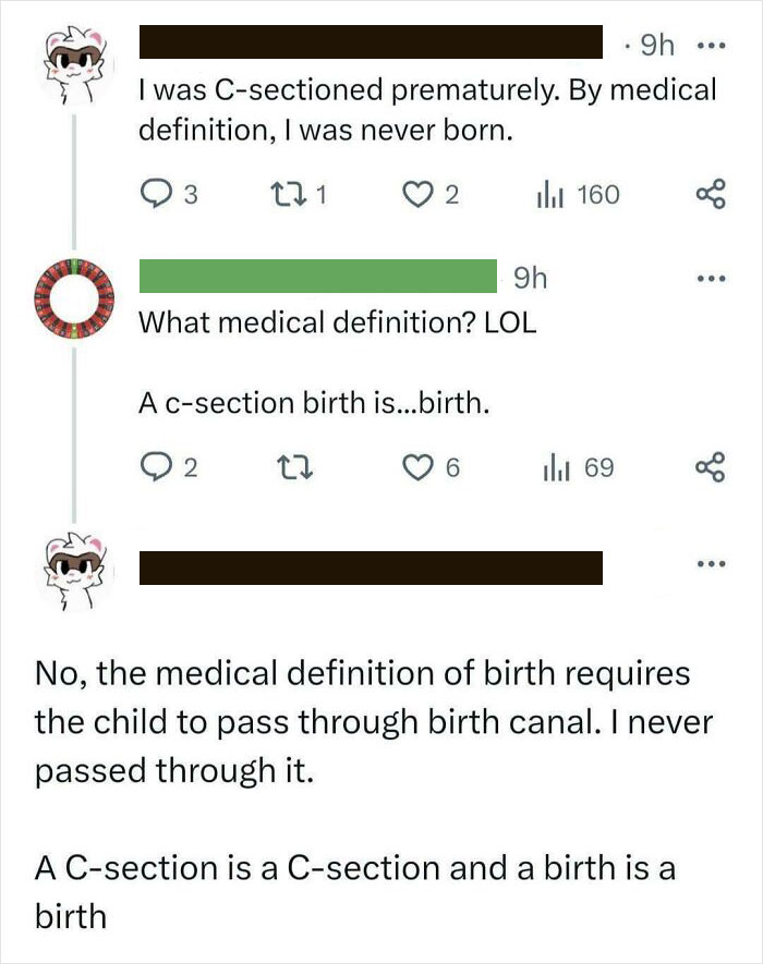 Social media post with user incorrectly claiming C-section isn't birth, showcasing overly confident incorrect people.