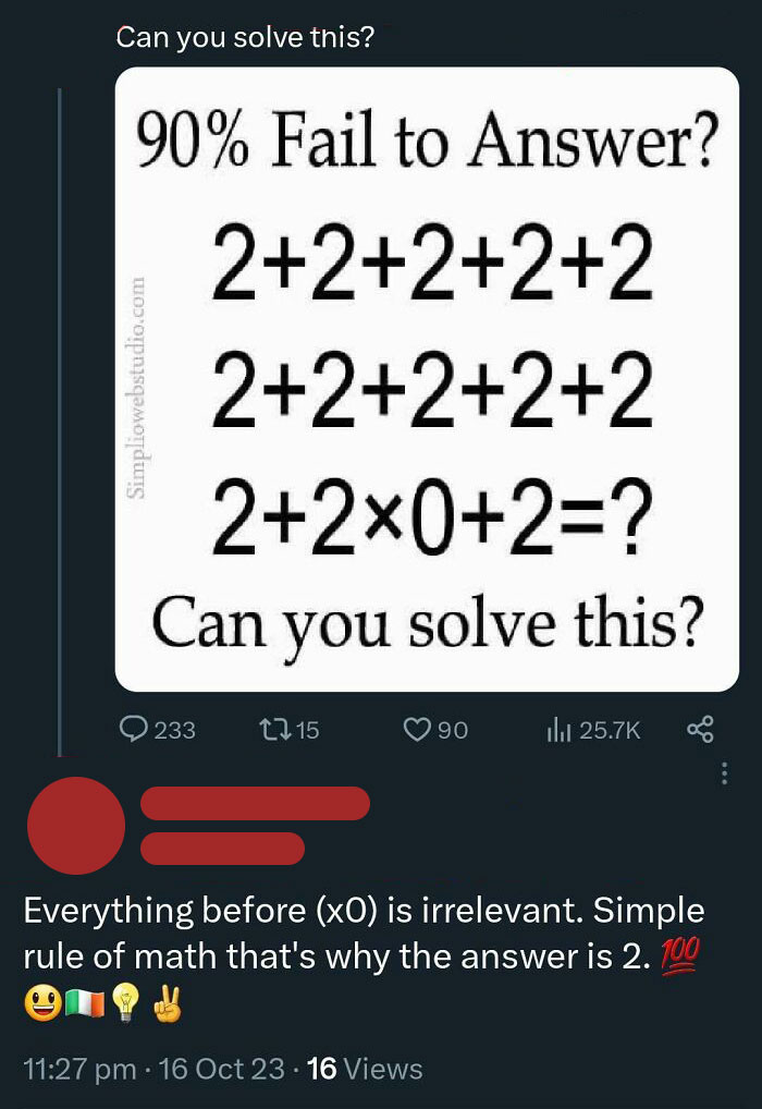 Math puzzle image with overly confident incorrect answer to the equation "2+2+2+2+2+2+2+2x0+2=?"