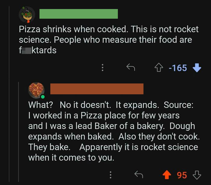 Comments showing overly confident incorrect statement about pizza size when cooked.