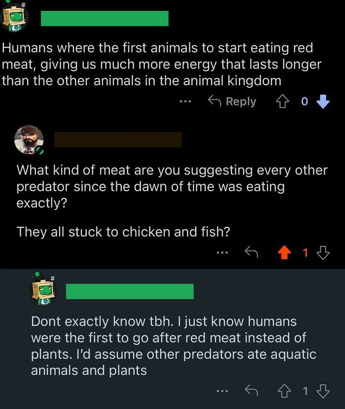 Comments showing overly confident incorrect people discussing human meat-eating habits.