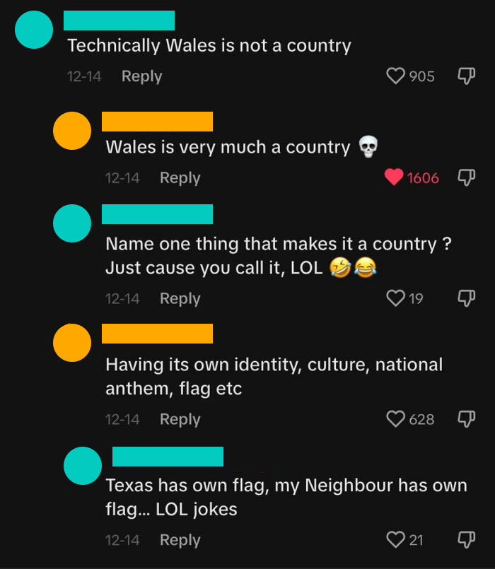 Social media debate on whether Wales is a country, showcasing overly confident incorrect people.