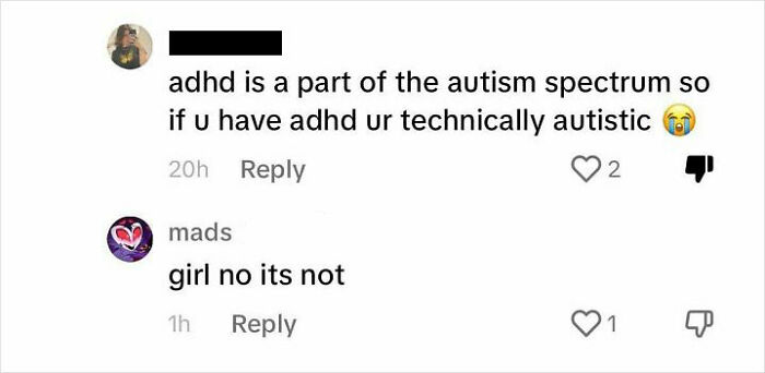 Social media exchange with overly confident, incorrect statements about ADHD and autism spectrum.