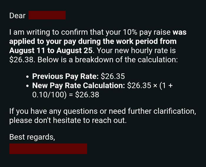 Email showing a math error in pay raise calculation; overly confident incorrect people.