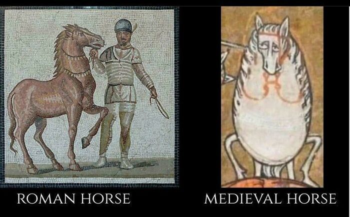 Roman horse mosaic vs. medieval horse drawing; a humorous take on historical art styles.