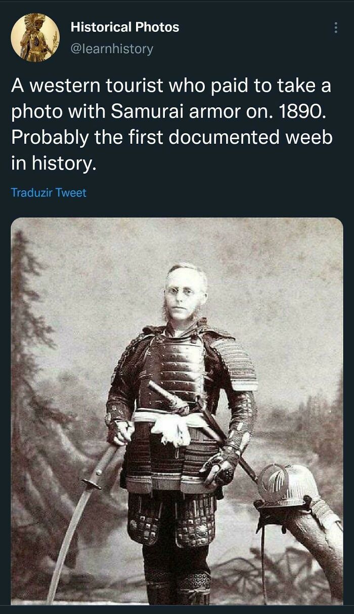 Western tourist in samurai armor, 1890, illustrating historical memes.