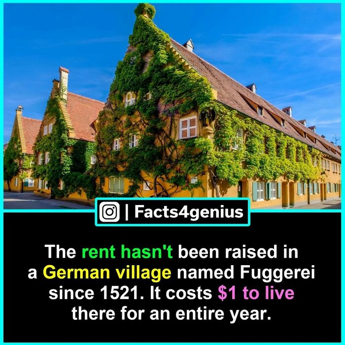 German village Fuggerei with vine-covered buildings; rent $1 since 1521—interesting facts for genius.