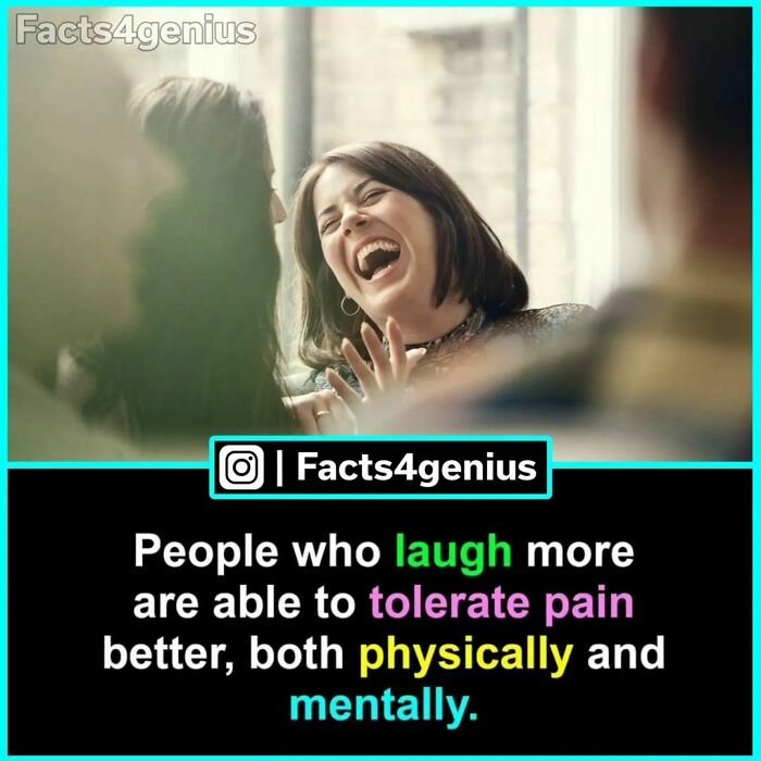 Person laughing joyfully with a quote about laughter and pain tolerance from Facts4genius, highlighting interesting facts.