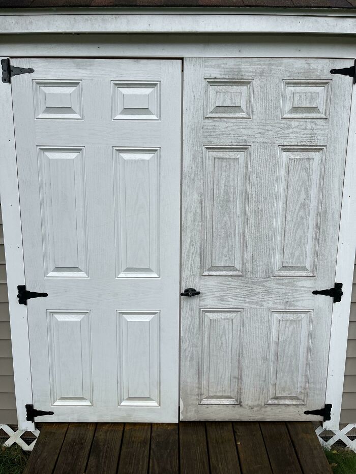 These Doors Before And After Being Pressure Washed