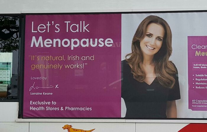 Advertisement sign with a woman smiling next to "Let's Talk Menopause" tagline, related to funny ad fails.