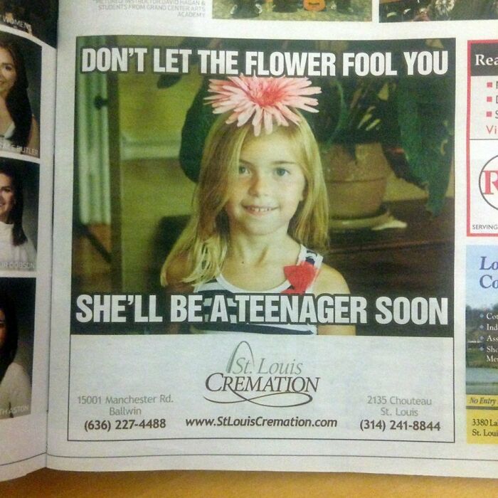 A humorous ad fail featuring a young girl with a flower in her hair and text about teenagehood.