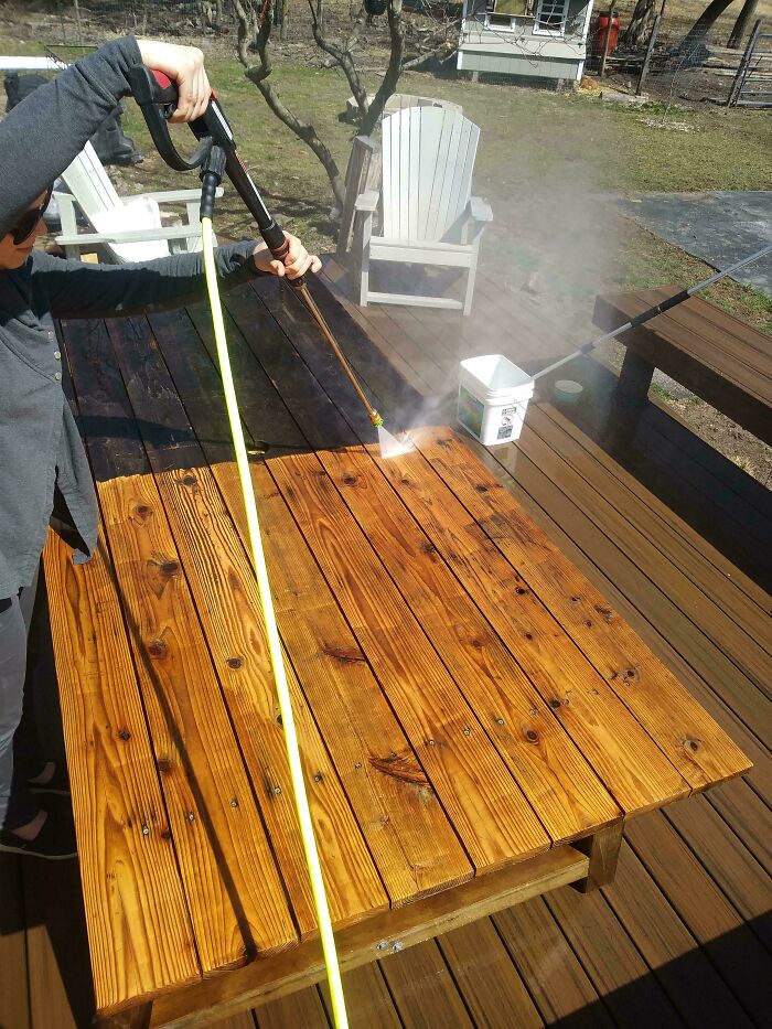 Blowing Off The Old Deck Table