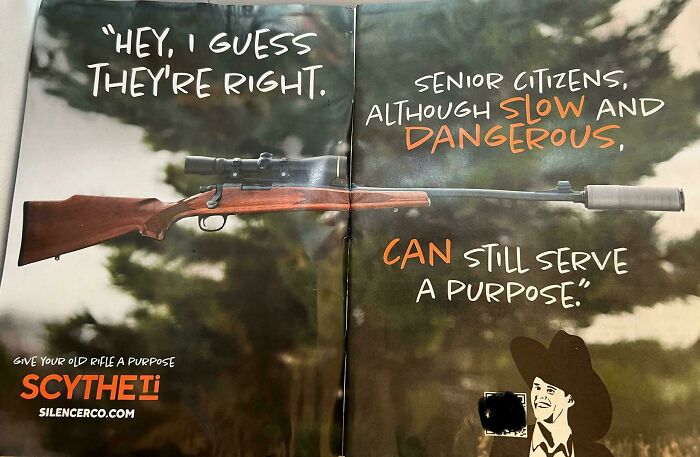 Humorous advertisement fail featuring a rifle and a message about senior citizens "serving a purpose."