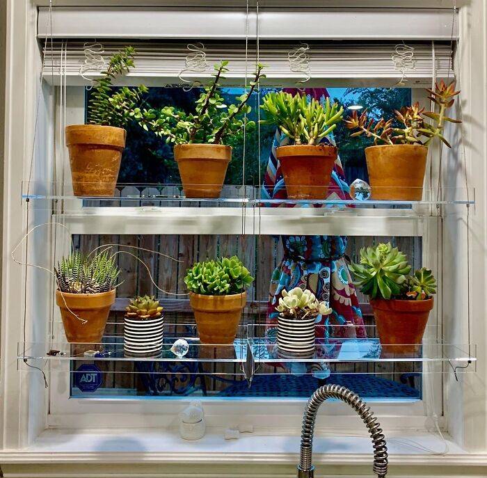 Maximize Your View And Add Some Floating Flair With Hanging Acrylic Shelves For The Window, A Renter-Friendly Solution That Adds Storage And Style Without The Commitment