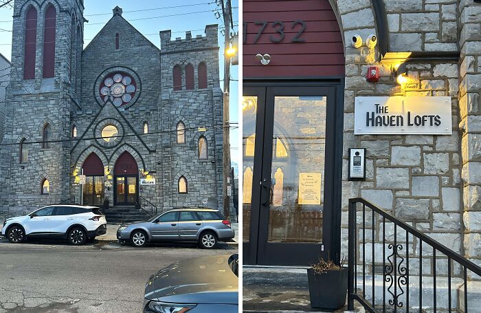 Historic church converted into modern lofts with "The Haven Lofts" sign visible, showcasing building conversions in urban setting.