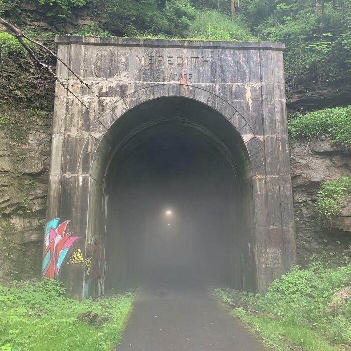 Old tunnel converted into a foggy pathway, surrounded by greenery, showcasing one of the best building conversions.