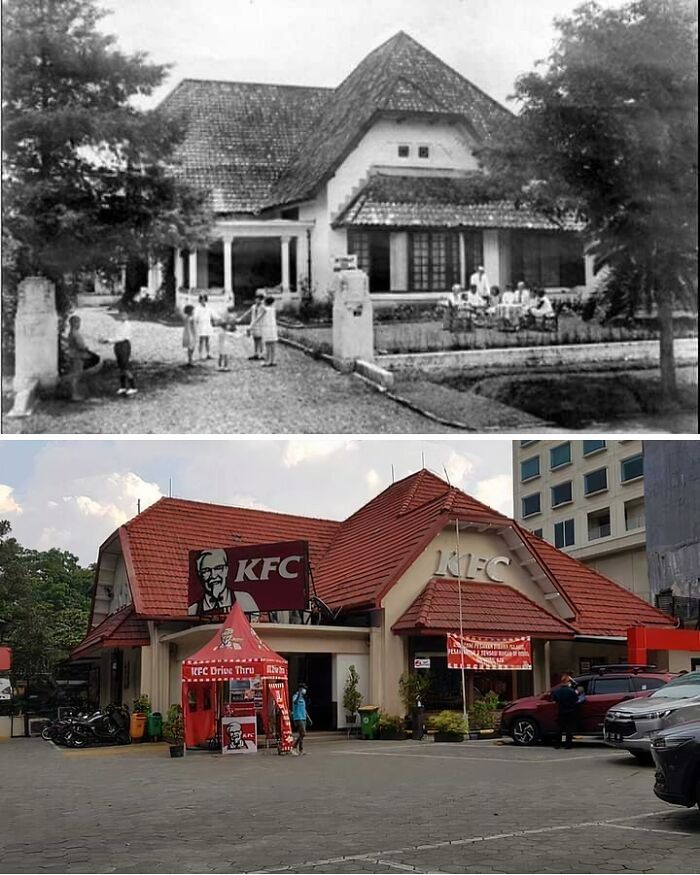 "Building conversion of a historic house into a modern KFC restaurant, showcasing transformation in architecture and function."