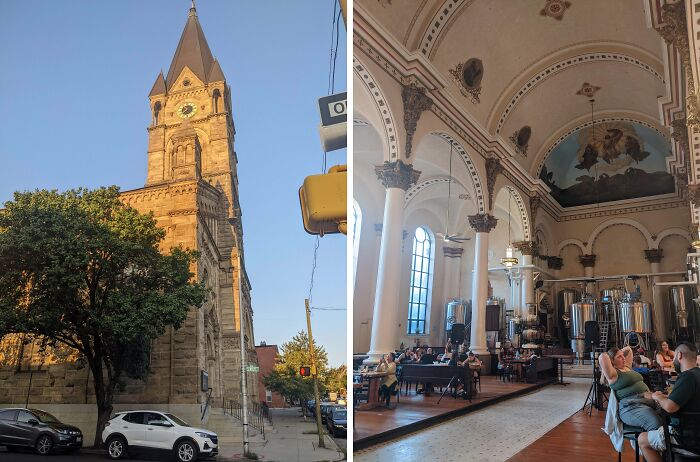 Exterior of a clock tower building and interior converted into a bustling café, showcasing the best building conversions.