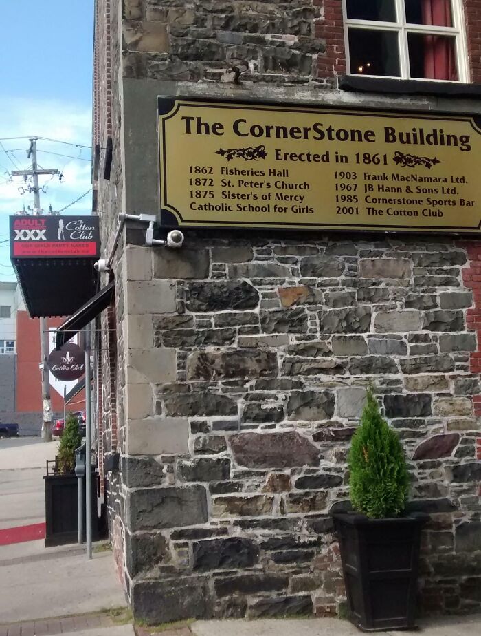 "The CornerStone Building, historic conversion from various establishments, with signage listing past uses since 1861."