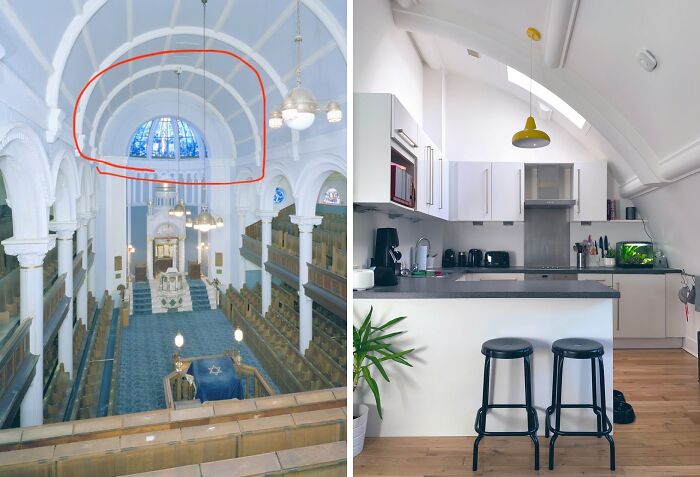 Converted church into modern kitchen, showcasing best building conversions with stools, countertops, and white cabinets.