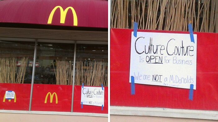 Building conversion: Former McDonald's with "Culture Couture" sign saying "We are NOT a McDonald's" now open for business.