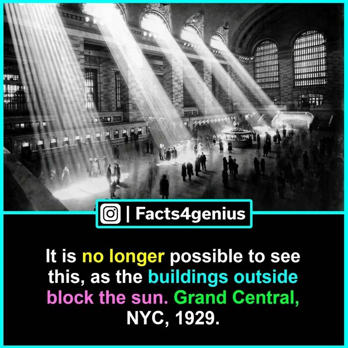 Grand Central Terminal in 1929 with sunbeams streaming through windows, an interesting-facts-for-genius highlight.