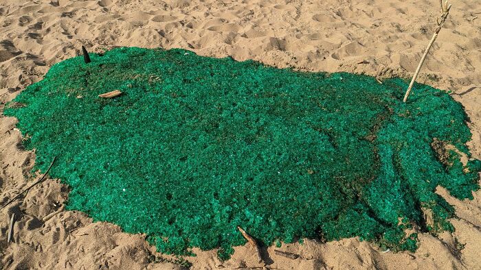 Green, Translucent Substance Found On Beach, Looks Like Glass But Has Gel Or Jello Like Consistency