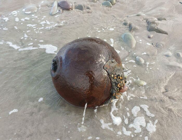 Rusted Iron Sphere With Hole Found On Irish Beach