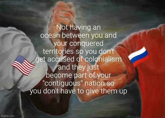 History meme with two arms clasping, one with a USA flag and the other with a Russia flag, illustrating colonialism.