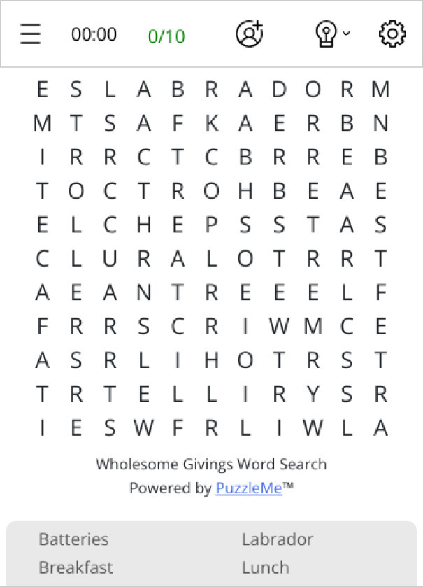 Wholesome Givings Word Search