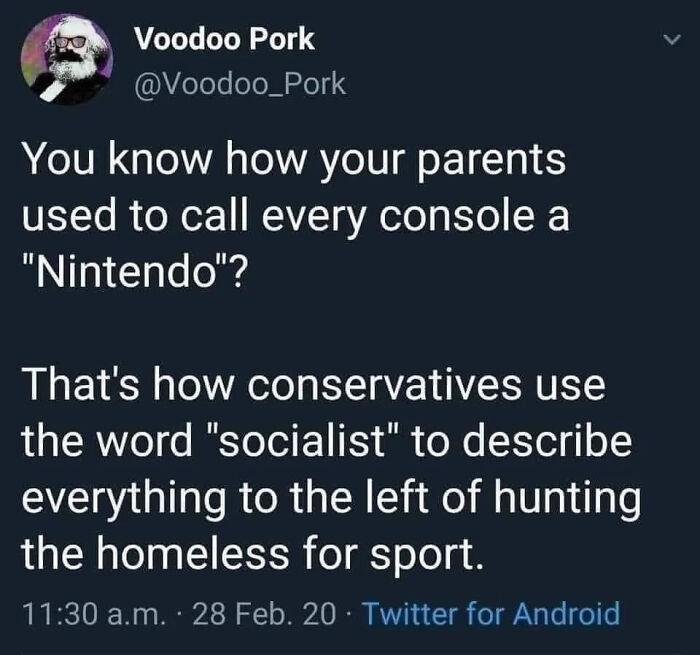 Tweet humorously comparing video game consoles and political terms, evoking laughter and despair.