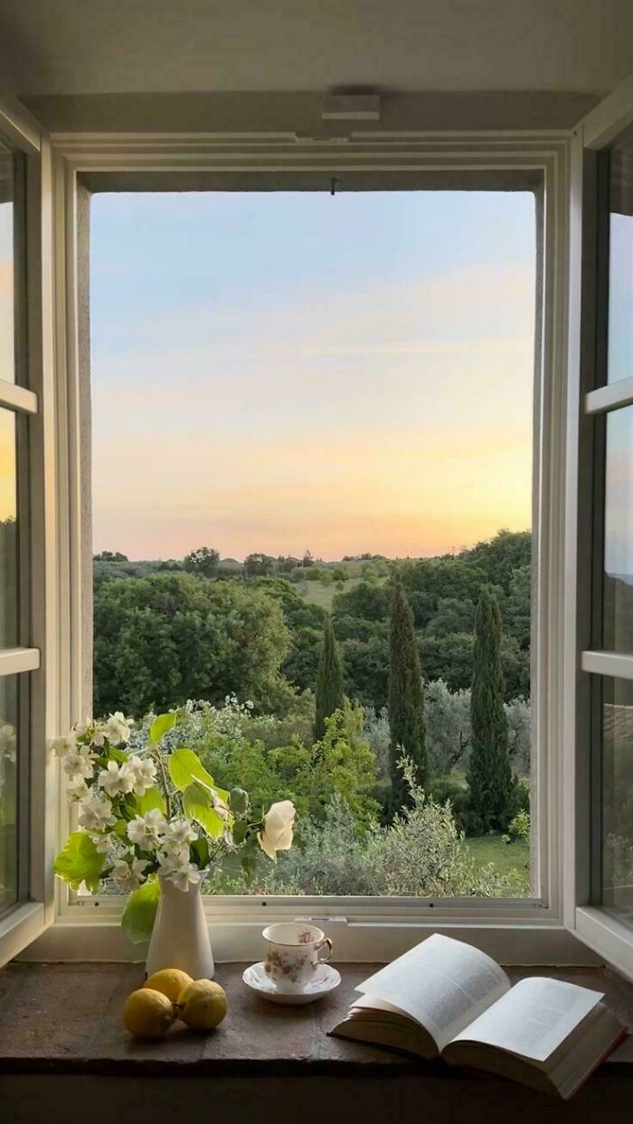 Open window view resembles Renaissance painting, showcasing a serene landscape with flowers, lemons, and an open book.