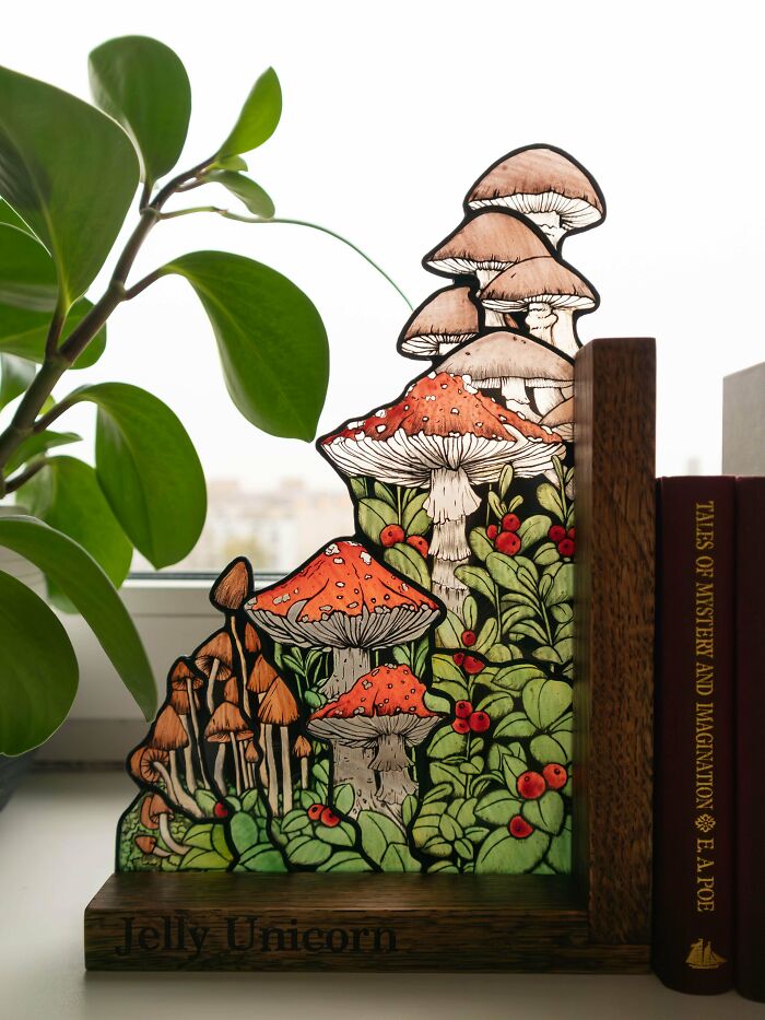 Handmade Stained Glass Book Ends With Mushrooms