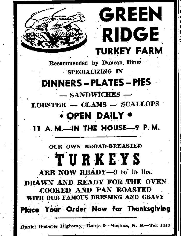 1951 Newspaper Ad For The Green Ridge Turkey Farm In Nashua, New Hampshire!