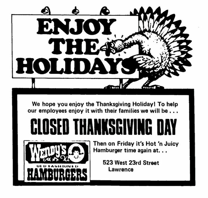 Wendy's Hamburgers - November 1978 - Thanksgiving - Lawrence, Ks