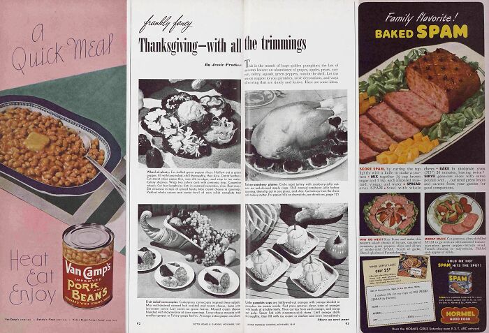 Van Camp's Pork & Beans And Spam With Thanksgiving Bonus From Bh&g, 1949