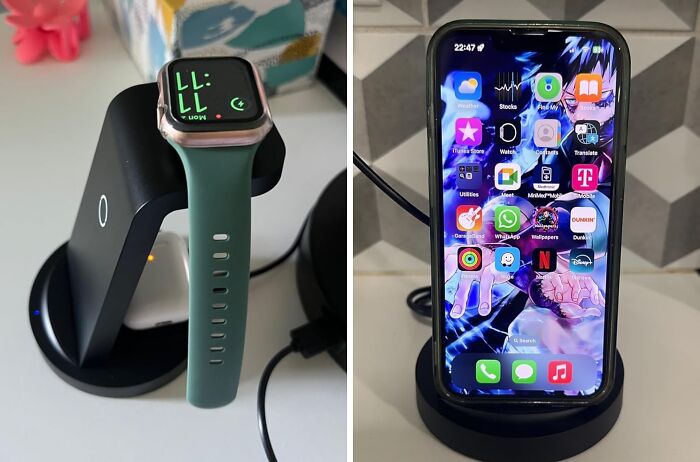 Cut The Cord Clutter With The 3-In-1 Wireless iPhone Charging Station, A Convenient Hub That Charges Your Phone, Watch, And Earbuds Simultaneously, Saving You The Trouble Of Tangled Cables And Outlet Hunting