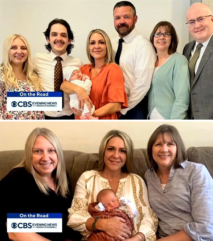 Family celebrating adoption with a newborn, surrounded by supportive relatives.