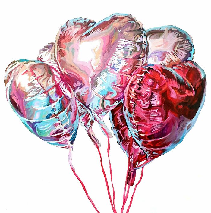 'pink Heart Shaped Balloons', 2024, Painted By Me In Acrylics