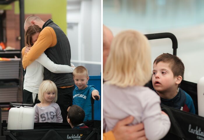 A family shares a heartfelt embrace; children connecting in a touching moment of adoption.