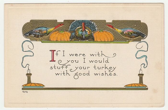 Vintage Postcard Thanksgiving Turkey Pheasants Pumpkins Candles Pie