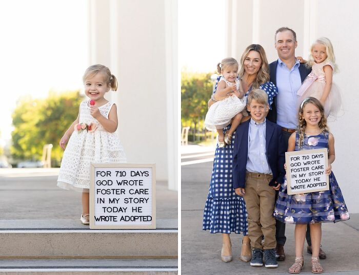 Smiling child holds an adoption announcement; happy family with four kids celebrates adoption journey together.